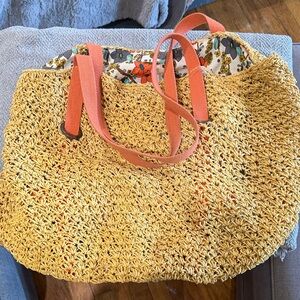 Yellow Woven Tote Bag with Orange Handles